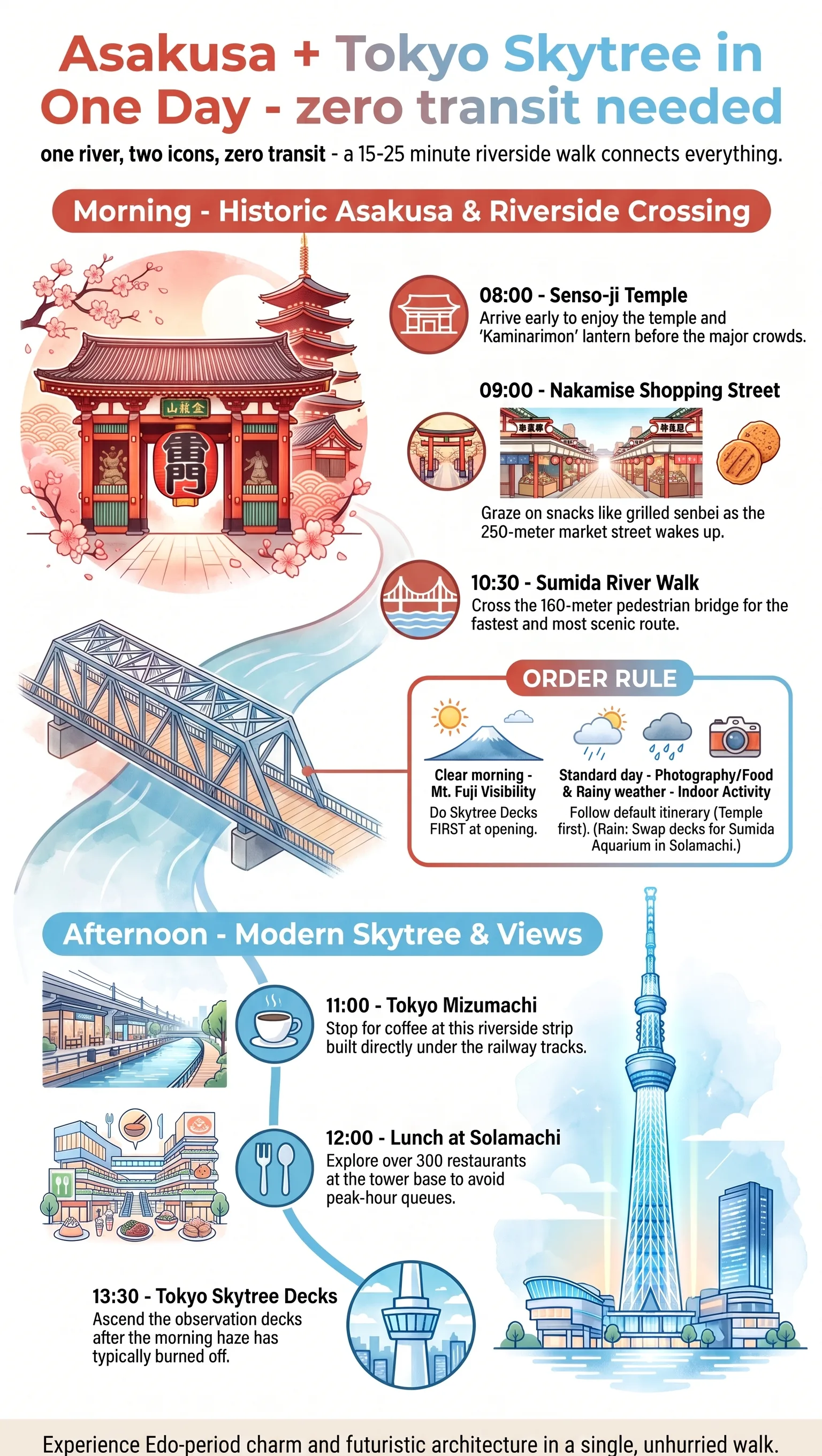 Asakusa and Tokyo Skytree one day itinerary infographic: hour-by-hour walking route from Senso-ji temple via the Sumida River Walk and Tokyo Mizumachi to the Skytree decks, with the clear-morning order rule