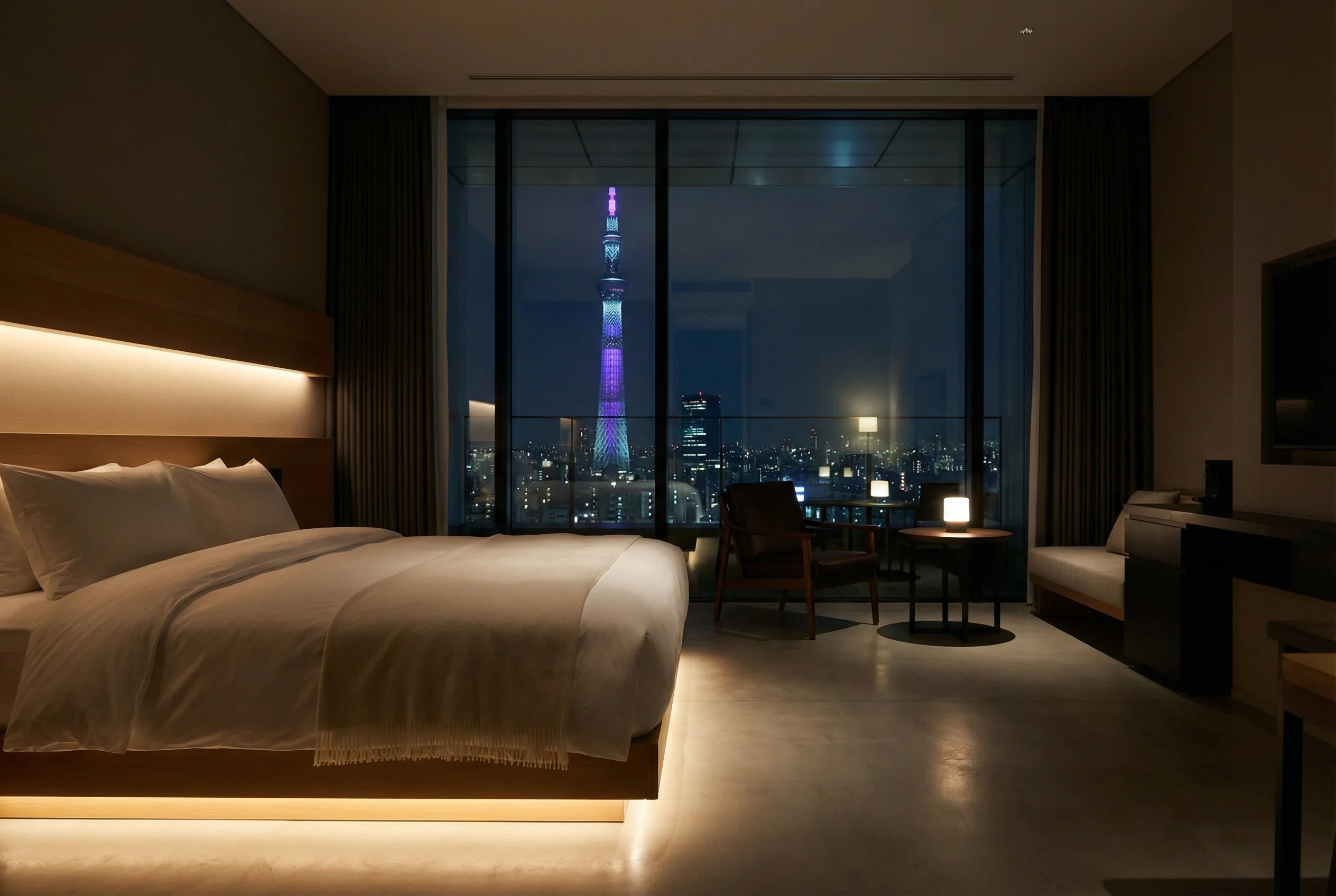 Modern luxury hotel room with floor-to-ceiling windows showing illuminated Tokyo Skytree at night