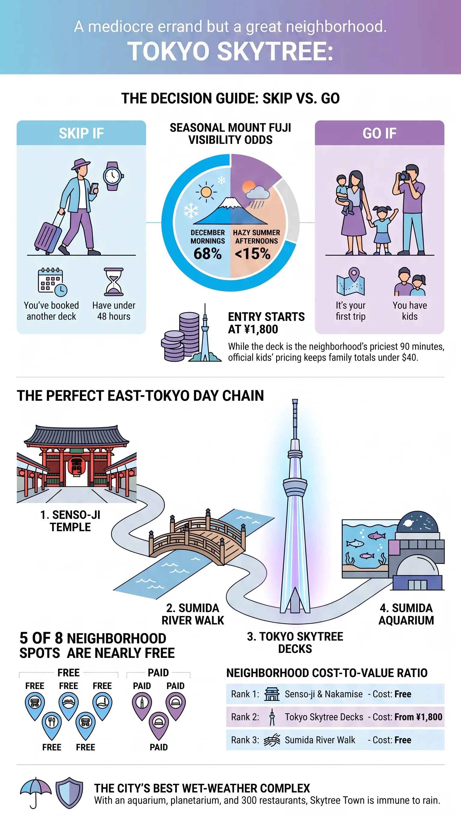 Is Tokyo Skytree worth it - decision guide infographic: skip vs go personas, seasonal Mount Fuji visibility odds, the east-Tokyo day chain from Senso-ji to the Sumida Aquarium, and deck tickets from 1,800 yen