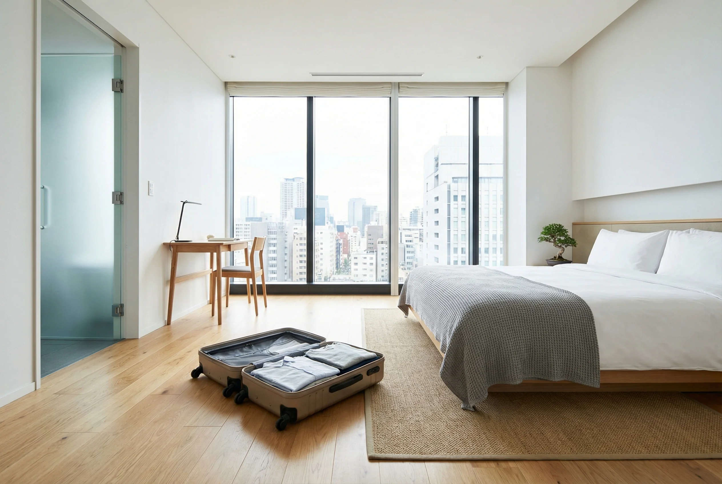Spacious hotel room near Tokyo Skytree with open suitcase showing generous floor space