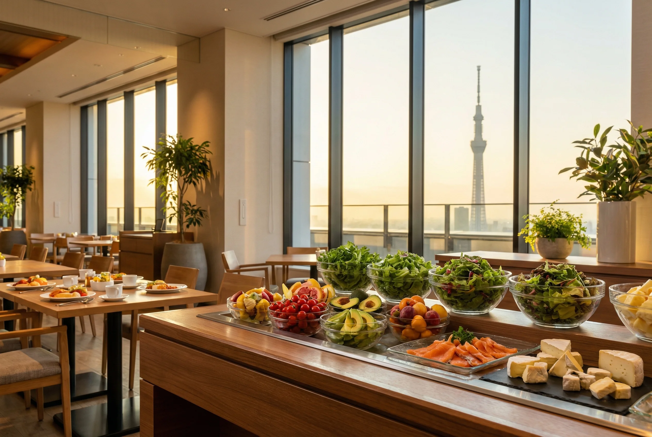 Premium Japanese hotel breakfast buffet with Skytree view